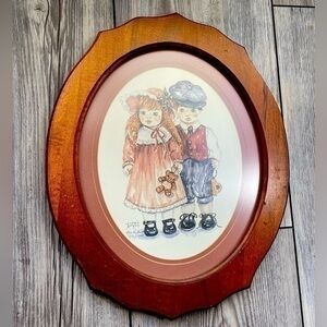 Vintage Signed Frankie Buckley Little Boy & Girl Watercolor in Oval Ornate Frame